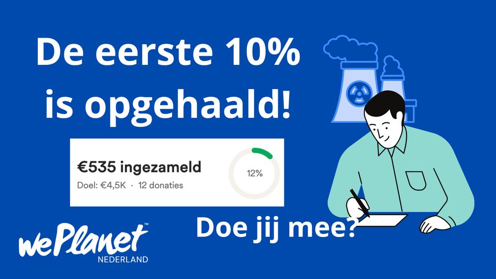 Een oproep en status update. €535 is opgehaald. De tekst luidt: “de eerste 10% is opgehaald! Doe jij mee?”. Linksonder is het WePlanet Nederland logo zichtbaar. Aan de rechterkant staan twee figuren: een koeltoren met een nucleaire three leaf en een persoon die iets aan het schrijven is.