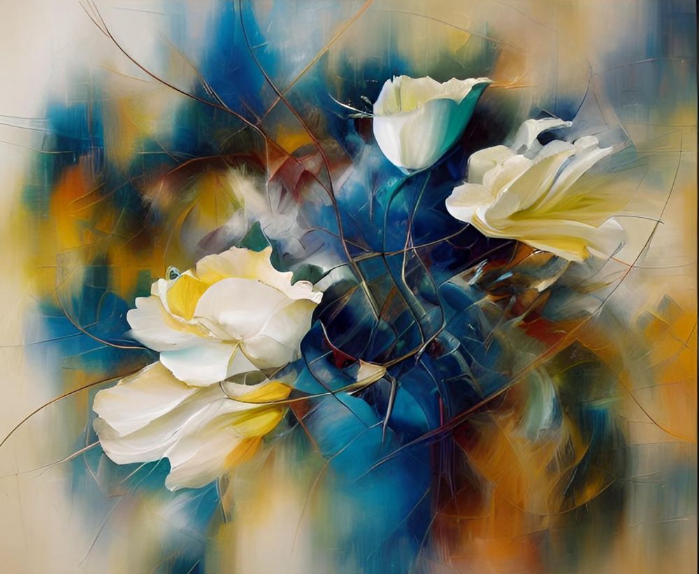 Abstract floral painting with white and yellow petals set against a backdrop of deep blues, greens, and warm orange tones, evoking the fleeting nature of life.
