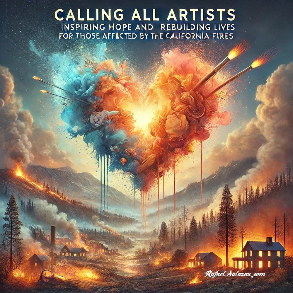 Campaign image featuring 'Calling All Artists - Inspiring Hope and Rebuilding Lives for Those Affected by the California Fires,' with a vibrant heart-shaped palette, glowing embers, and California landscapes transitioning from fire to renewal by Rafael Salazar - Artist at Fine Art America - RafaelSalazar.com