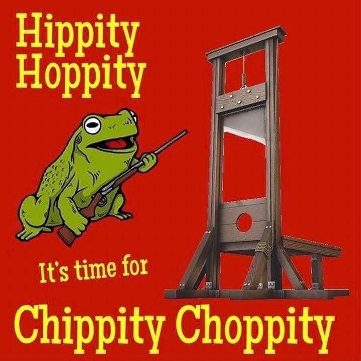 A frog holding a shotgun standing next to a guillotine with the text "Hippity Hoppity it's time for Chippity Choppity"