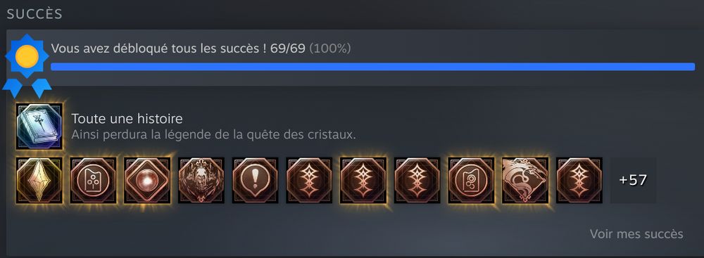 Capture d'écran des succès Steam de Final Fantasy XVI complétés à 100%