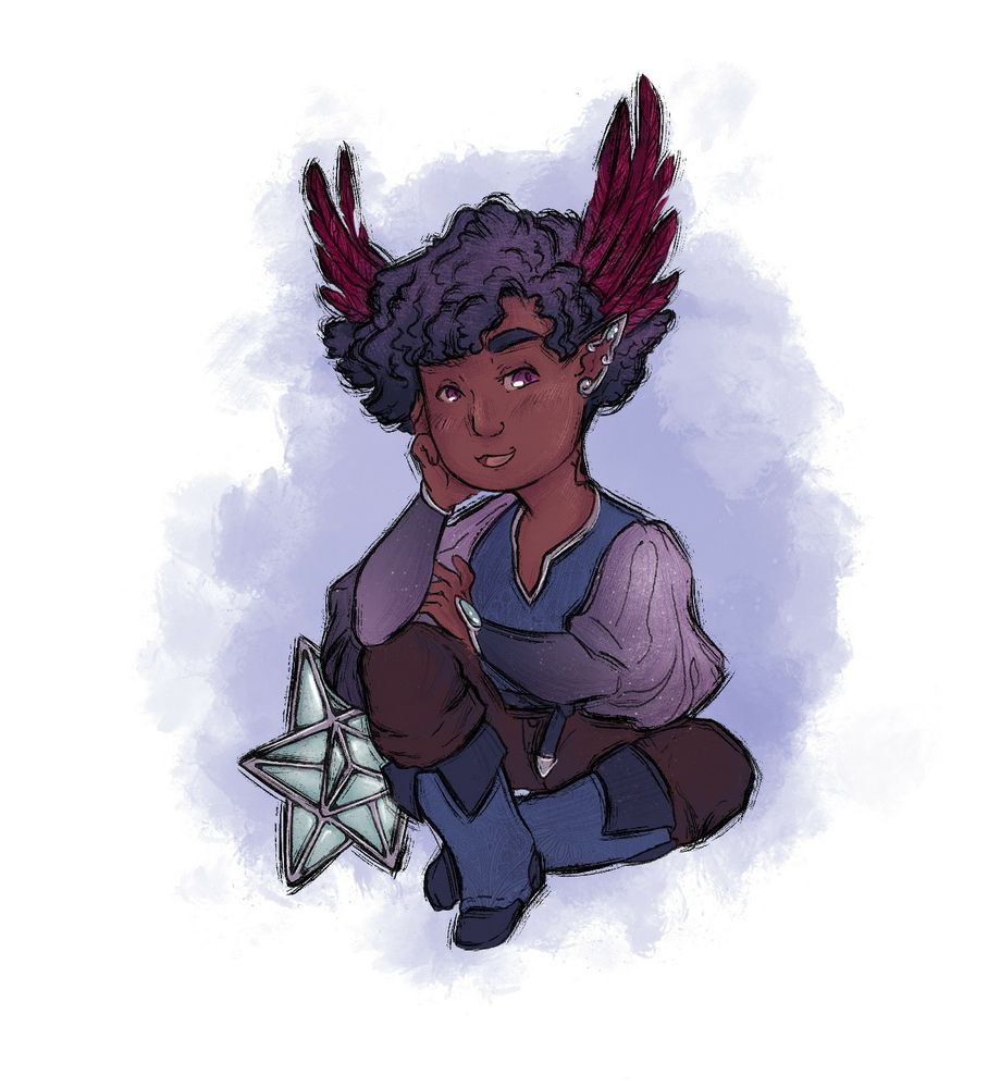 A chibi portrait of Milo, a personal oc based on a coatl dragon from the online game flight rising.
Milo is sitting cross-legged, head supported by his right arm.
He has gems adornments on his sleeves and wears pointed filigreed earrings.
He has feathers sprouting on his head, behind his ears and curly purple hair.
Next to Milo, there's a star made of glass.