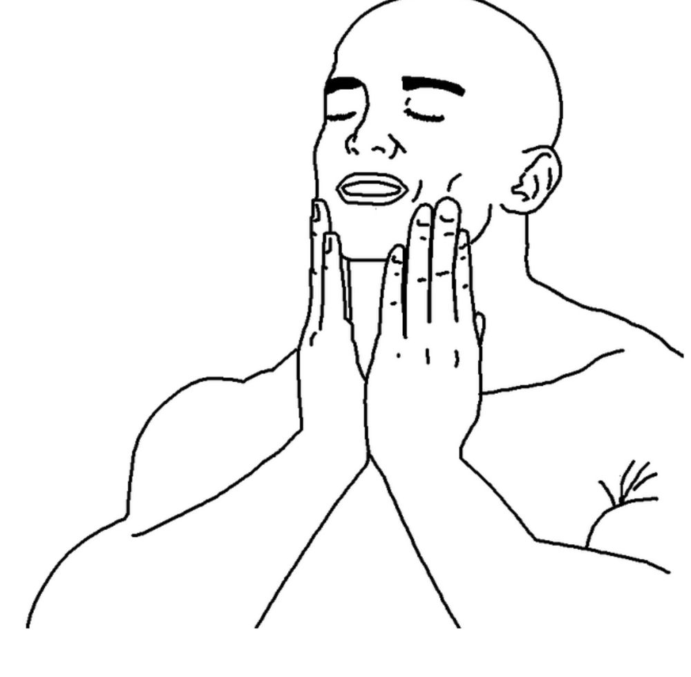 Dessin en noir et blanc à la ligne clair d'un chauve torse nu qui passe ses mains sur ses joues de soulagement en fermant les yeux et en souriant.