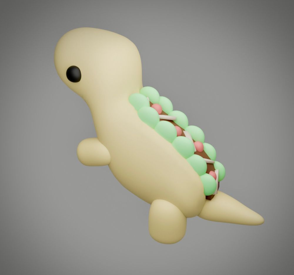 3D yellow dino with green spikes and red circles and white rectangles between the spikes to sorta resemble a taco.