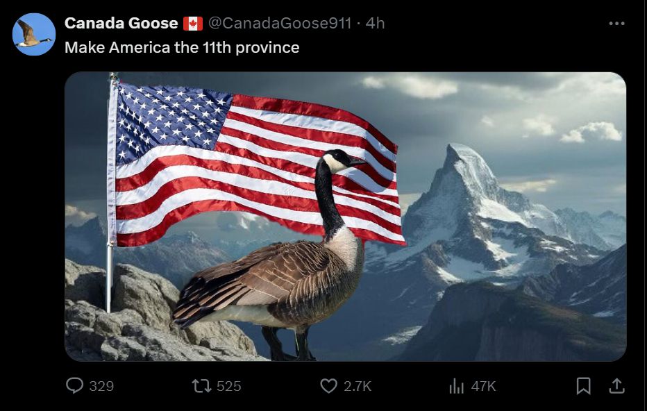 A cobra chicken looks towards the Matterhorn in front of an American flag, with the title of "Make America the 11th Province".