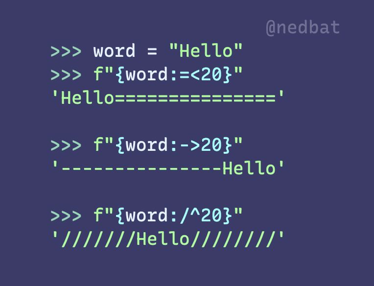 Demonstrating string formatting with right-, left-, and center-aligned text and custom fill characters.  Full text at https://gist.github.com/nedbat/9a29a7e0f8091844d65f5ca433612e59