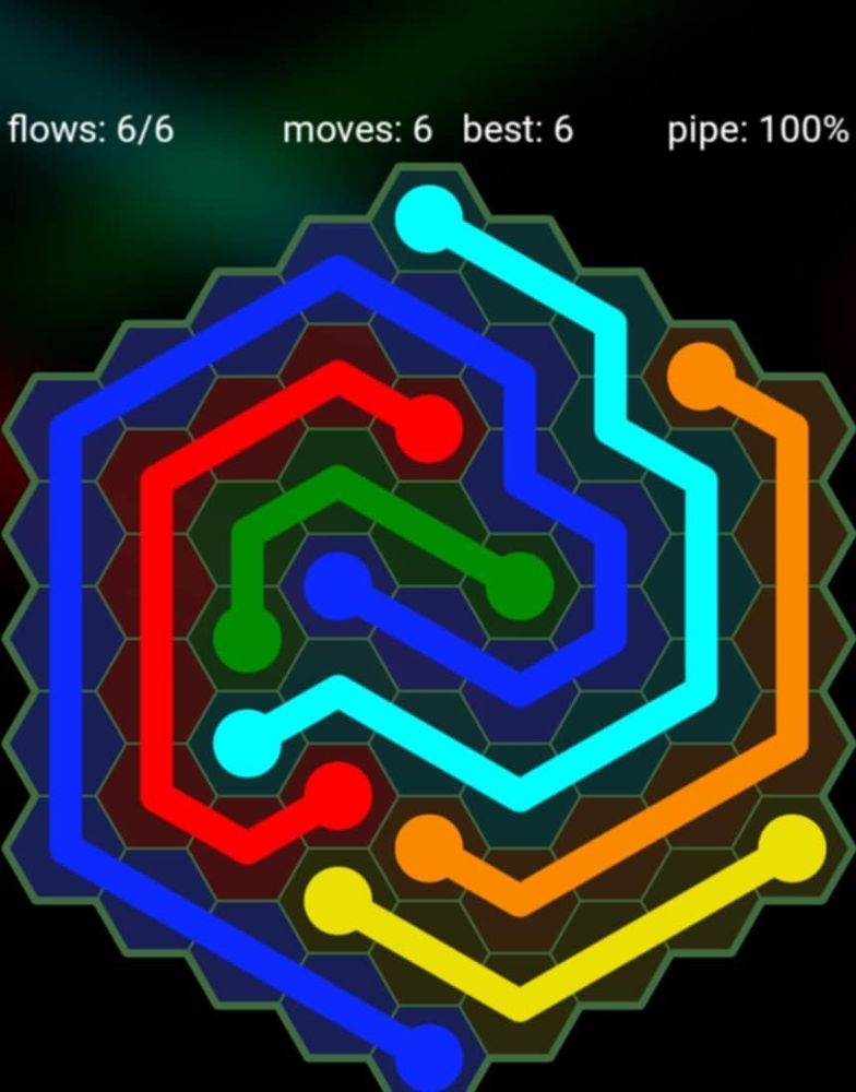A hexagonal grid with tightly-packed paths connecting same-colored dots.