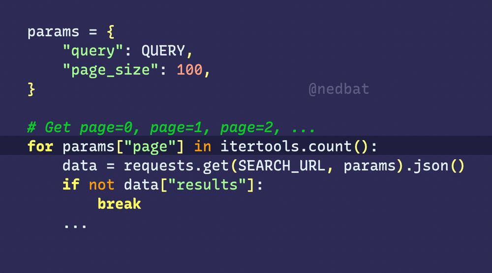 Using `for params["page"] in ...` to move through paged results in a search API.  Full text at https://gist.github.com/nedbat/d04b7d1bef5fb84542f23126424c814c