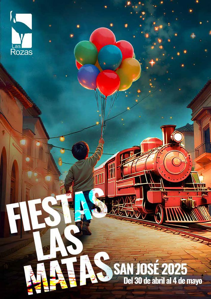 Cartel pochísimo de las fiestas de Las Matas 2025. Muestra a une niñe de espaldas al que le faltan dedos, el cual sujeta una maraña de hilos que se pierden en globos sin contornos definidos. Enfrente, un tren cuyos detalles muestran trazos borrosos.