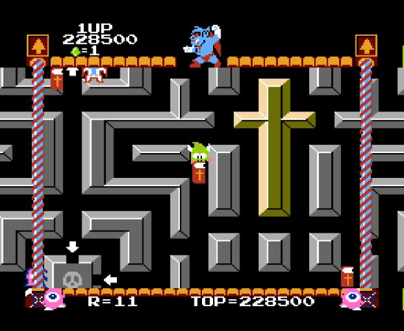 A screenshot of the NES game Devil World. It shows a little green lizard with angel wings holding what appears to be the Christian bible as it navigates a maze, some segments of which resemble the Christian cross. Above this maze stands a blue character wearing red trousers, boots, and cape. It is heavily implied that this is the Devil, though not the one of Christian mythology, and that this is his world. One might hazard to say this game is set place in "Devil World."