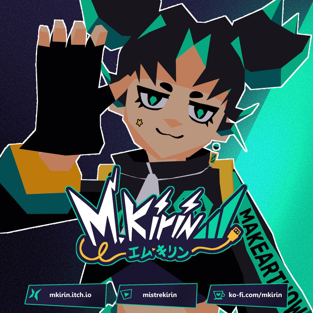 An image showing a low poly avatar waving. The name "M. Kirin" appears stylized like a battery charge, including usb charging cable.