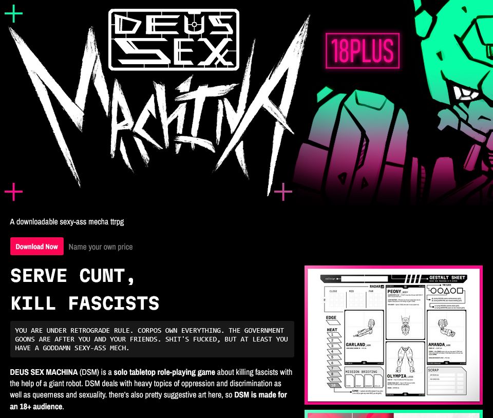 A screenshot showing a mecha ttrpg titled Deus Sex Machina, with the tagline "Serve Cunt, Kill Fascists".