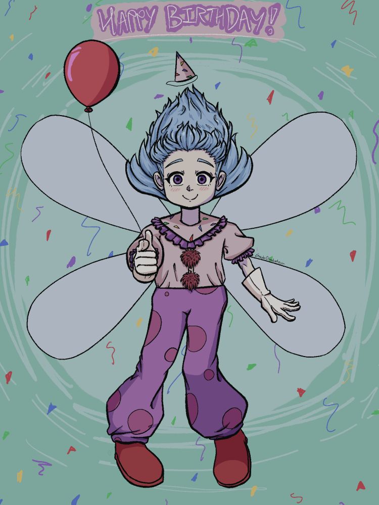 My original character with the text above her reading "Happy Birthday!".