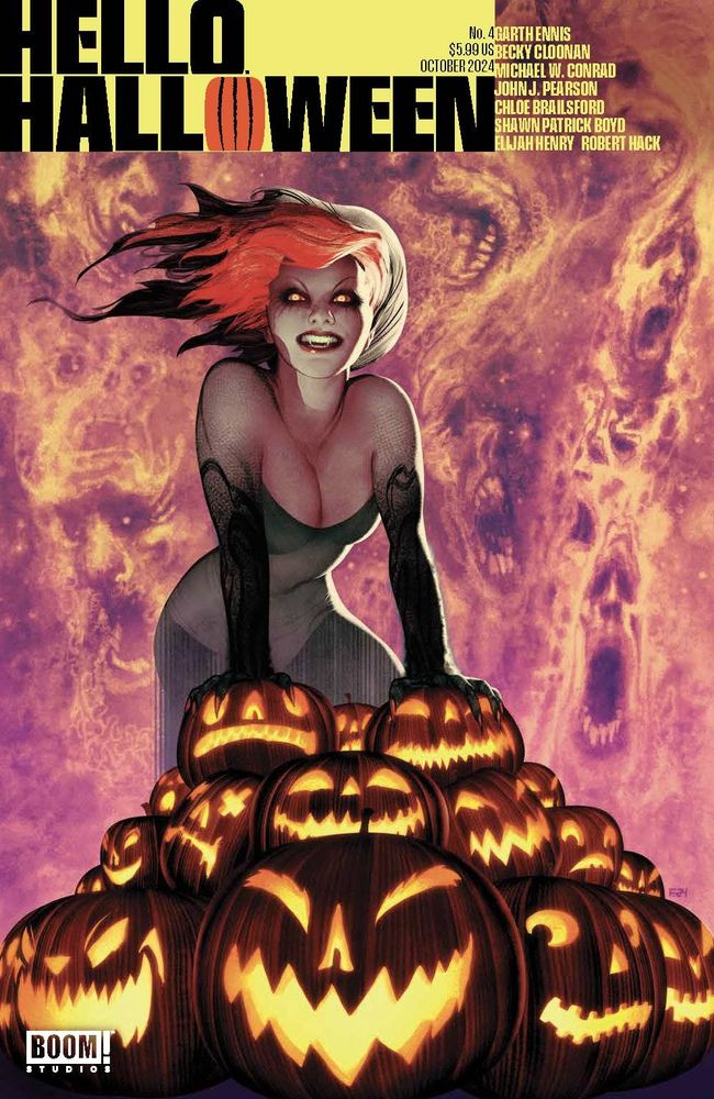 The cover to Hello Darkness #4 featuring cover girl Darcía on top of a pile of jack-o-lanterns with spooky screaming faces in the background. Art by Frazer Irving, Hello Halloween variant. 