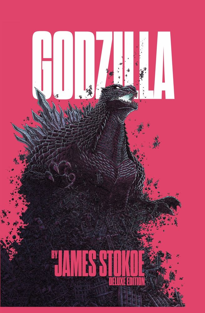 A red cover with a prominent Godzilla who looks to almost be made out of the very buildings it is destroying. Art by James Stokoe.