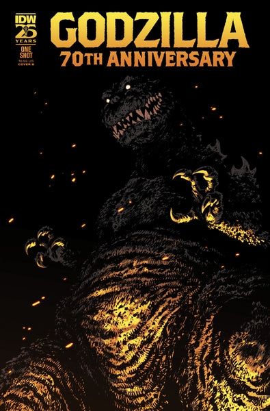 The cover for the Eisner Nominated (right now) Godzilla 70th Anniversary Special I was one of the editors on with Jamie S. Rich and Jake Williams at IDW. This one's a big spooky Godzilla lit in orange from below. Art by Sophie Campbell. 