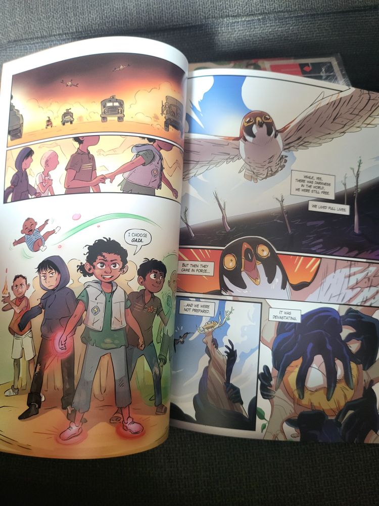 A two page spread featuring the last page of Al' Aqwaa by Jameeleh Shelo, Johanna Taylor, and Jodie Troutman and the first page of The Falcon by Megan Huang. 