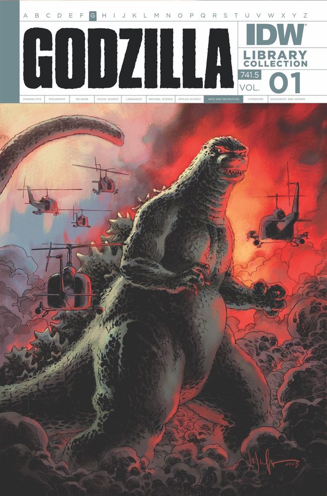 The cover to the Godzilla Library Collection Vol. 1 featuring Godzilla surrounded by smoke, fire, and helicopters. Cover by Dave Wachter.