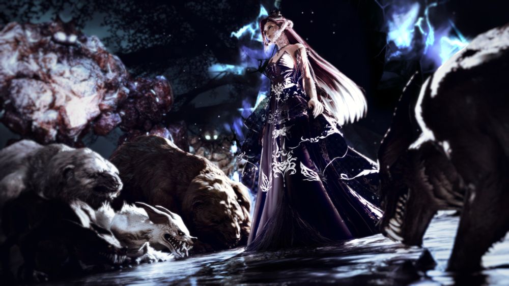Gpose of Kaede in a long flowing dress and majestic posture standing amidst some wolves and bears after she had stepped out of a portal. The animals seem to bow to her, and the background shows huge stone golems watching. The scene is set in the night, but lit pretty harshly from the direction of the portal.
