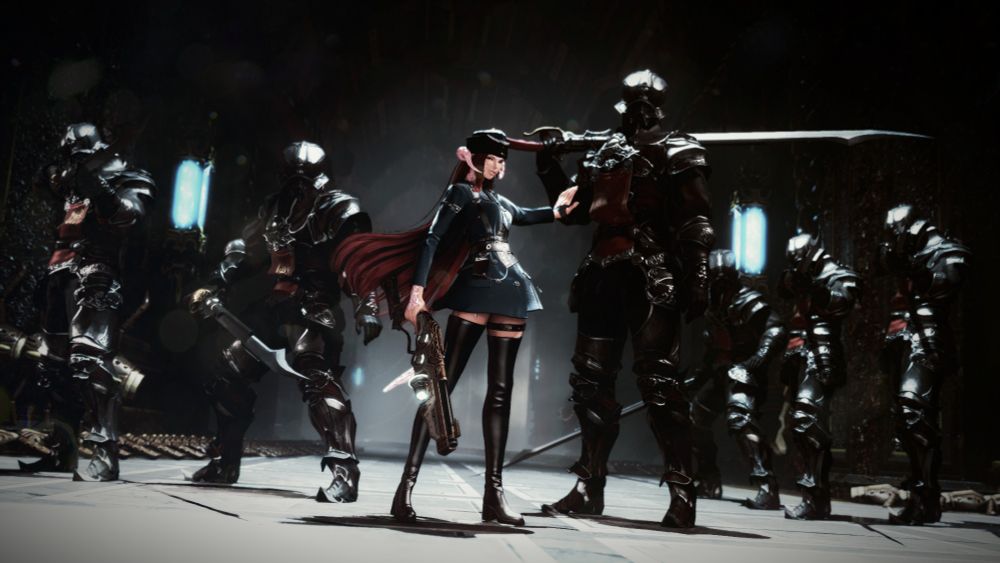 Gpose of Kaede in a cool-yet-cocky pose with a large gun, with a bunch of threateningly posing guys in garlean armor all facing the camera (you).
Set in one of the hallways of the "Tower of Babil" dungeon.