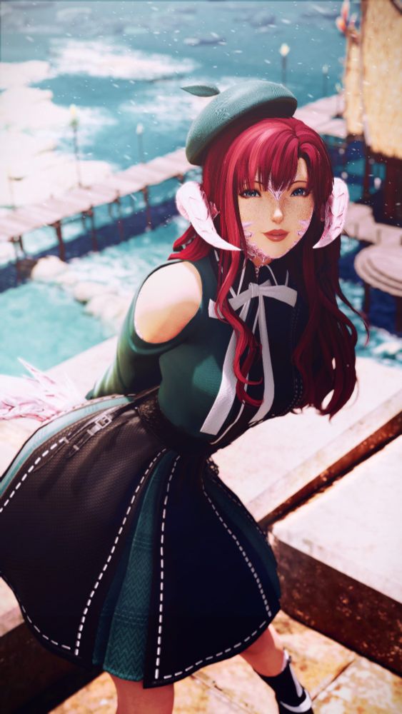 Gpose of Kaede in a cute dress, with a cute smile, and a cute hairstyle, striking a cute pose on top of some building near the Tuliyollal inn/cabins with a nice view of the ocean around the cabins in the background.