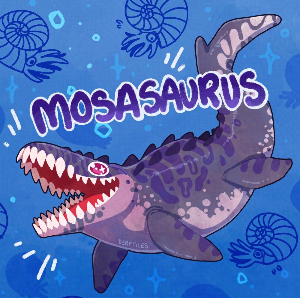 A drawing of A happy purple Mosasaurus surrounded by little scribbly ammonites