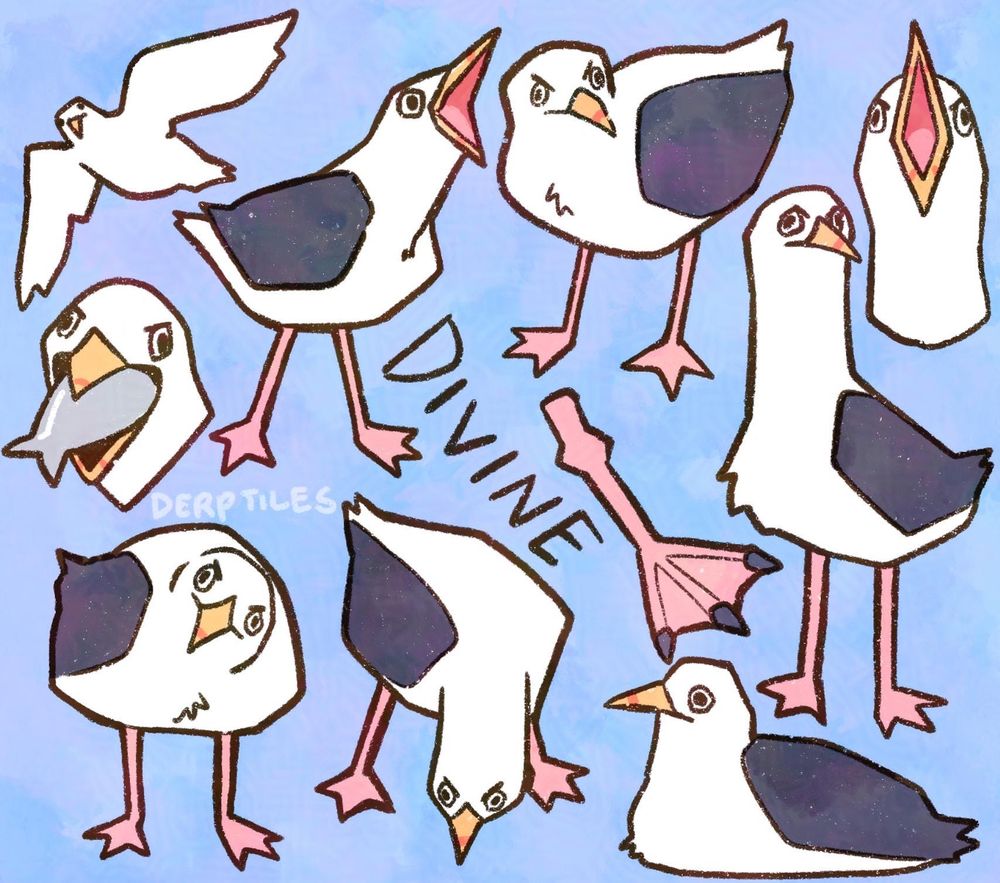 A drawing of Steven the seagull in various poses. Says “Divine” in the middle because that’s what Steven always says