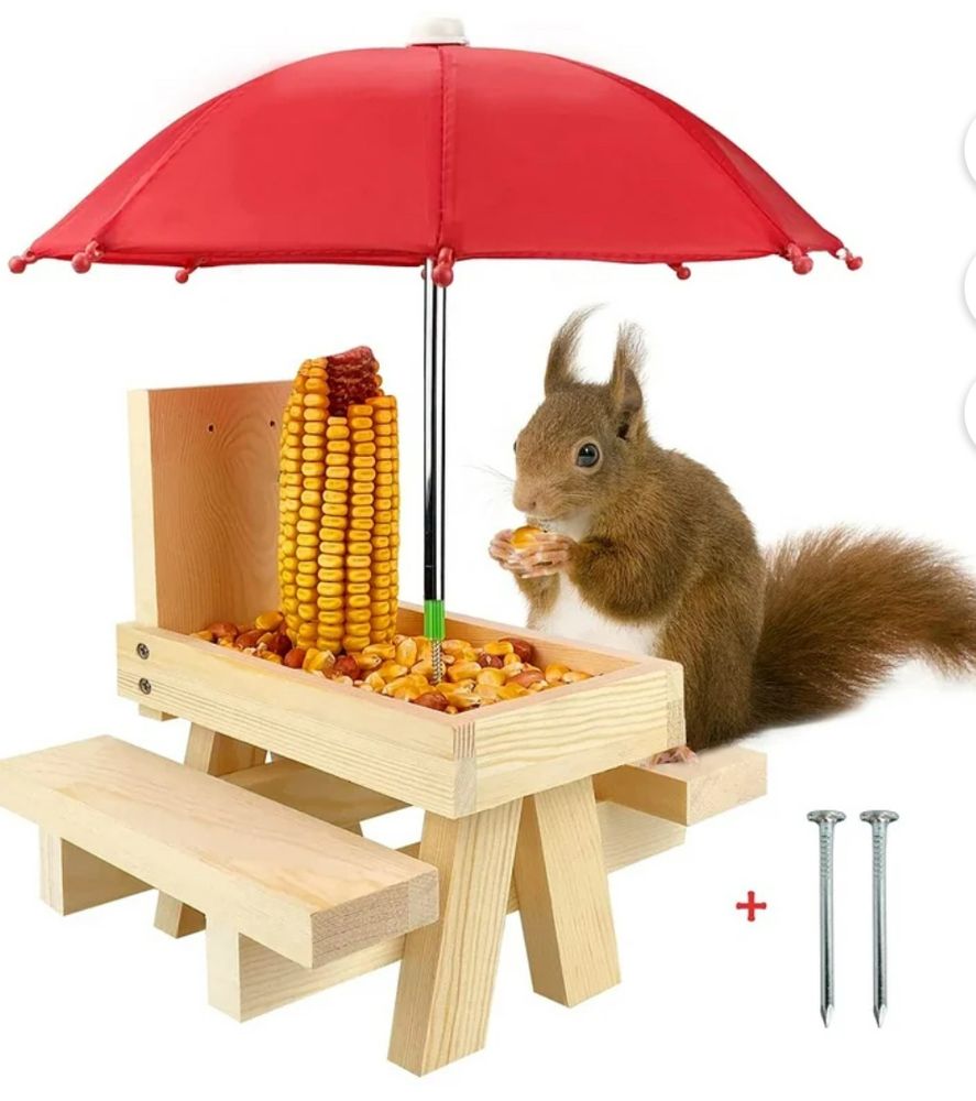 Squirrel Feeder with Umbrella, Wooden Squirrel Picnic Table,