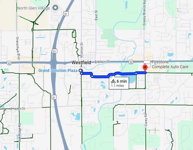 A map showing in blue the portion of the Midland Trace Trail that is now permitted by the town of Westfield to allow golf carts.  Highlighted in blue is the Midland Trace Trail from Grand Junction Plaza east to Gray Road.