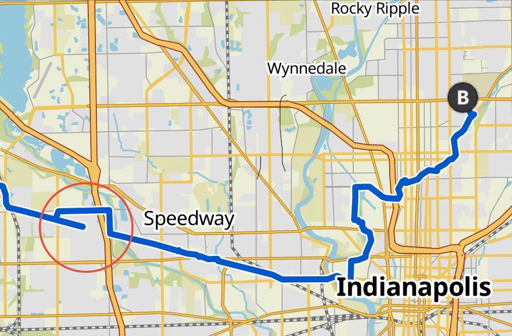 A bike route map from Clermont area to the Indiana State Fair using (mostly) the cities trail system. 