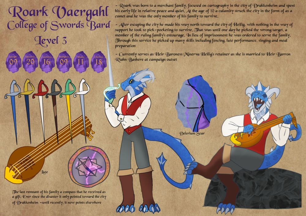 A character reference sheet for a blue dragonborn (dragon humanoid). Features the character in two poses, one he is singing and playing a lute. The other he is standing with his rapier drawn 
