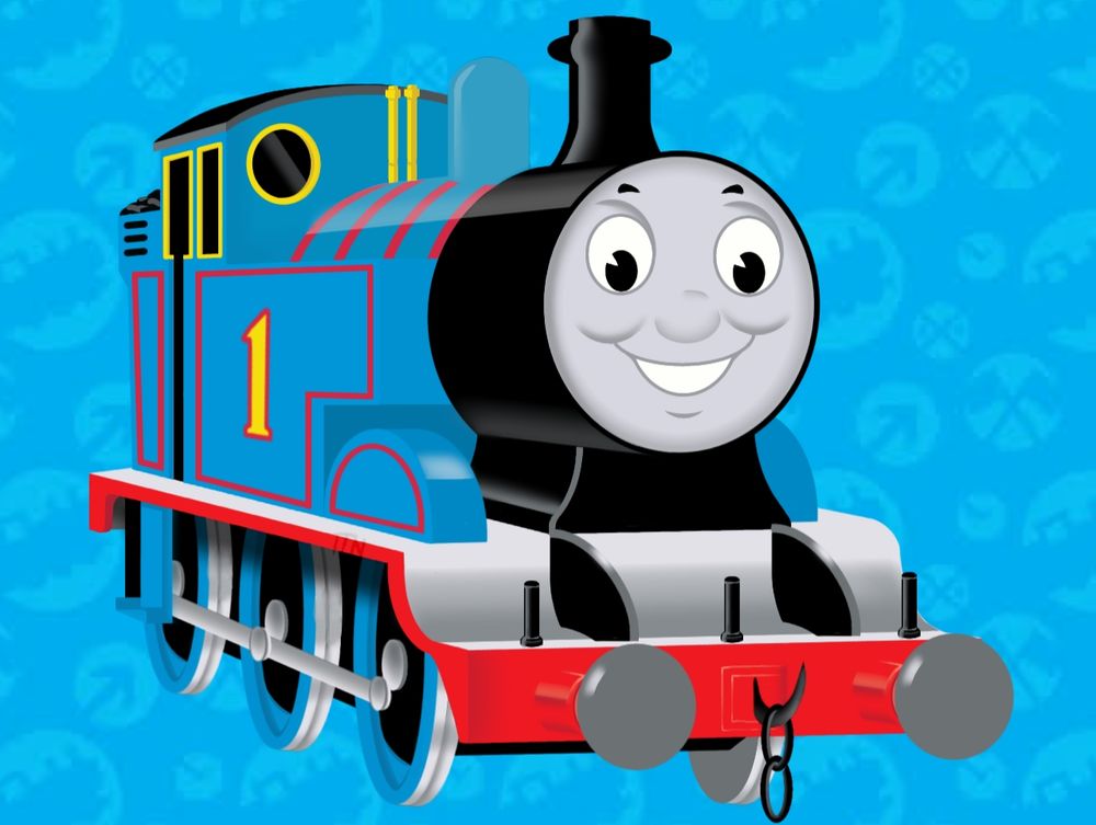 a digital drawing of Thomas The Tank Engine that's notably traced from an illustration of the story "Thomas and The Trucks". It's in a style that resembles the stock art that was used throughout the 2000's, and it is placed on a standard Thomas & Friends backdrop. This has been made in reference to the upcoming 80th anniversary of Thomas's source material "The Railway Series"