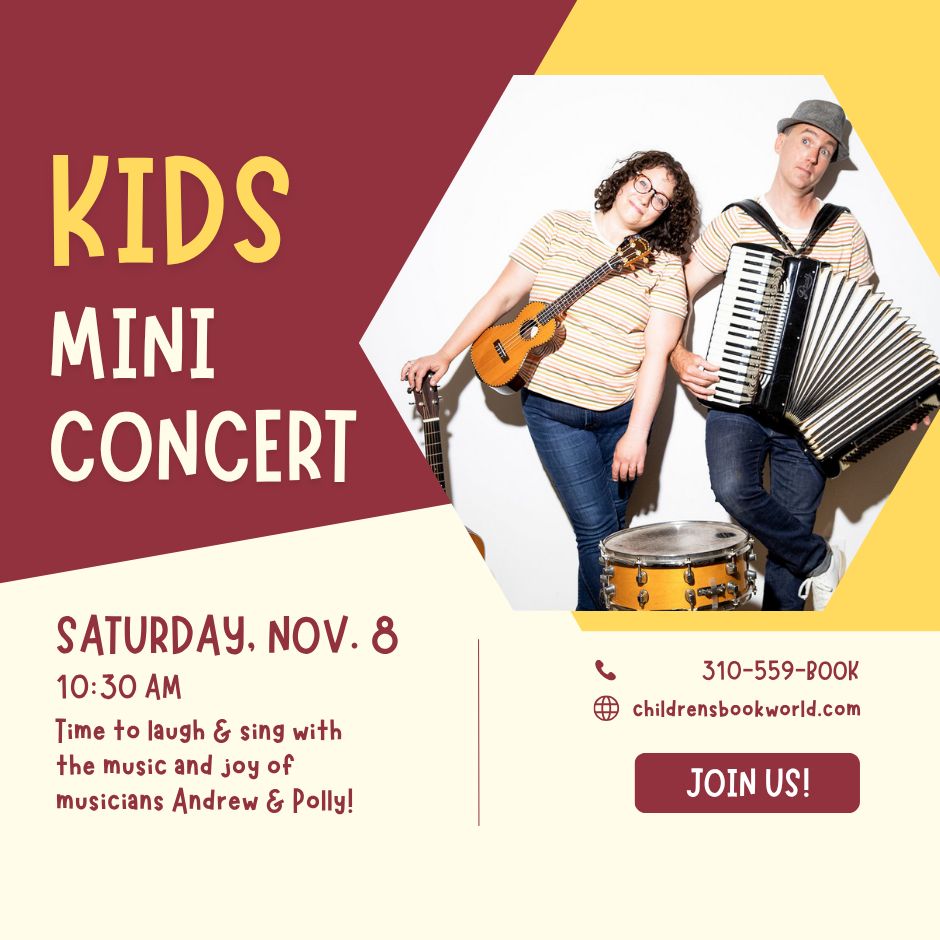 IMAGE DESCRIPTION: A photo of Andrew and Polly in a hexagon with a dark red, cream and yellow background. Text reads: Kids Mini Concert⁠