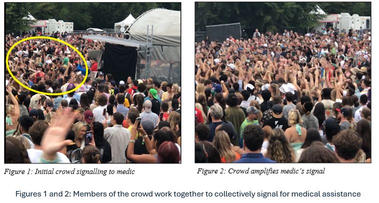 Side by side images of a crowd at a music festival. The first image shows a small number of people signaling to a medic. The second image shows a larger number of people in the crowd raising their hands to amplify the medic's signal to other medical personnel at the front of the stage.