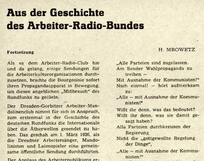 Screenshot des Artikels "Aus der Geschichte des Arbeiter-Radio-Bundes" von H. Mrowetz aus der Zeitschrift "Funkamateur, Juni 1962"