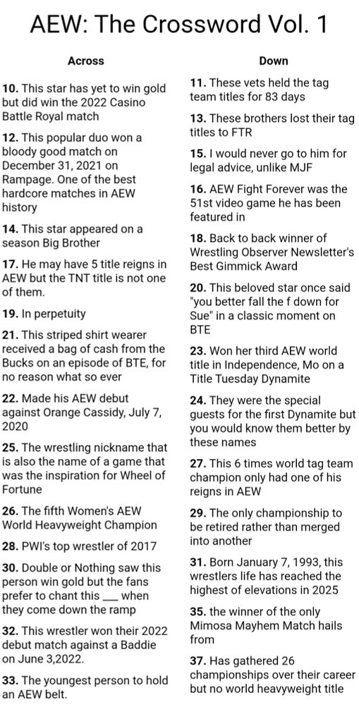 A subsection of clues for an AEW themed crossword puzzle