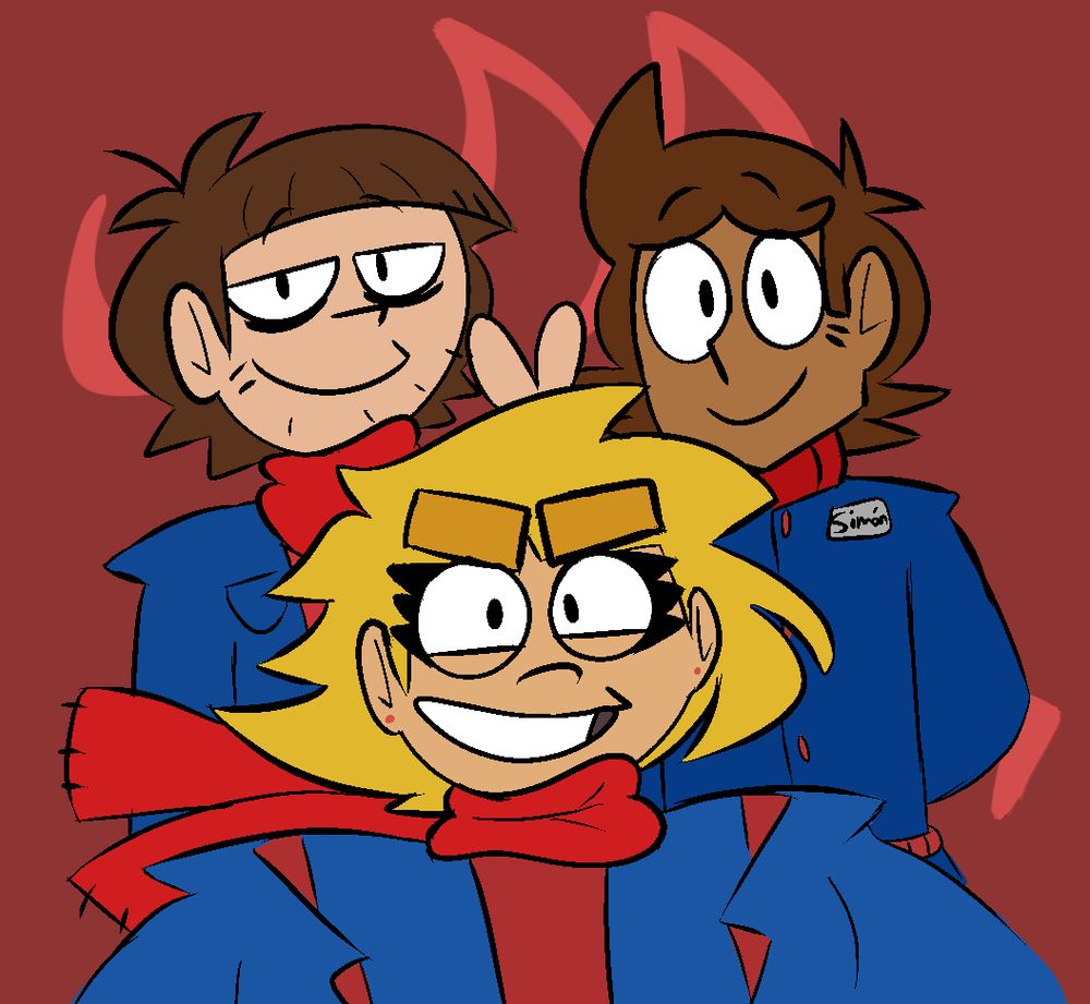 group portrait of the red army trio. amelia is at the center bottom, and ace pilot and simón are above her. they are all smiling. ace pilot has two fingers behind amelia's head.