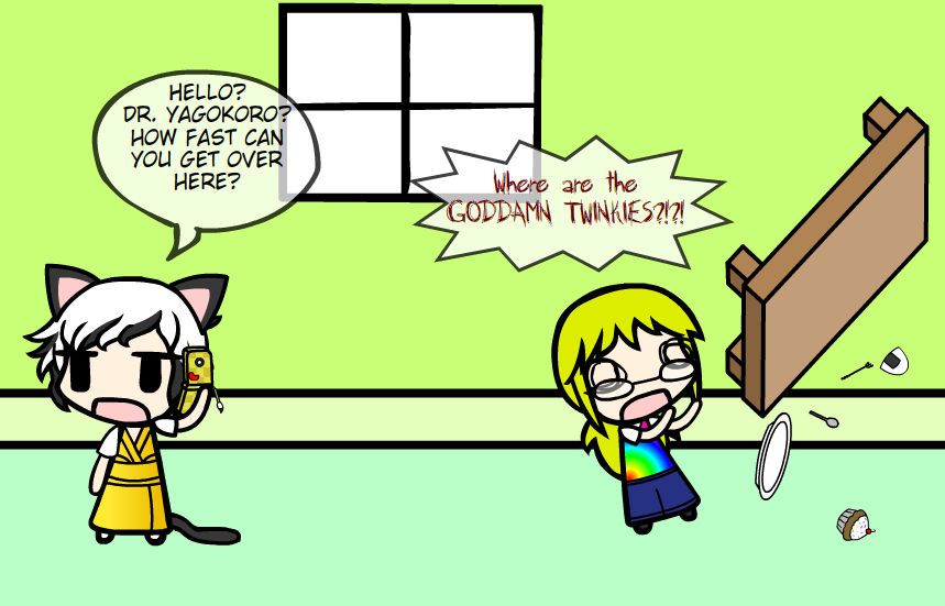 cat boy calling the doctor while a girl freaks out over Twinkie withdrawl