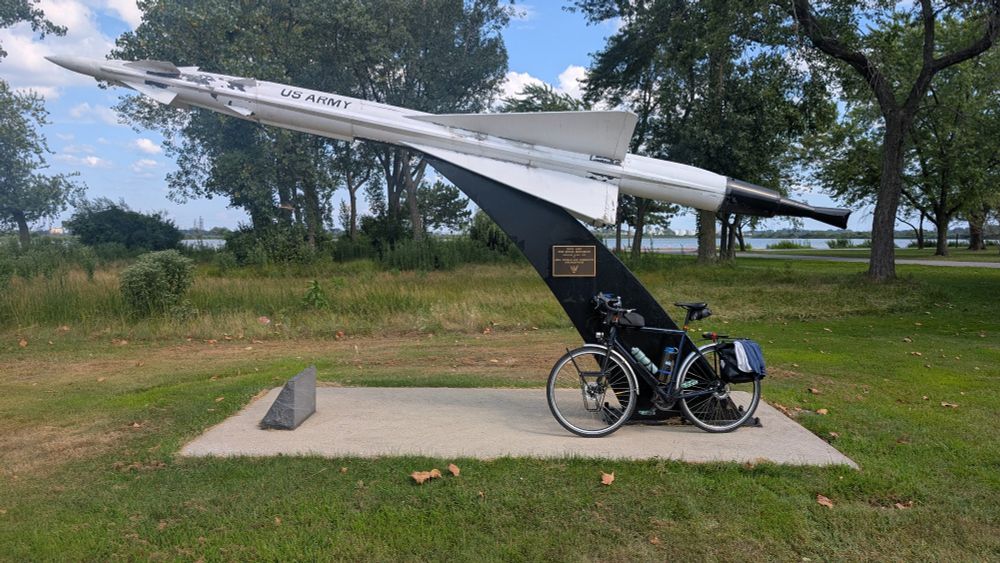 A vintage Nike missile as a monument along Wolf Lake. 