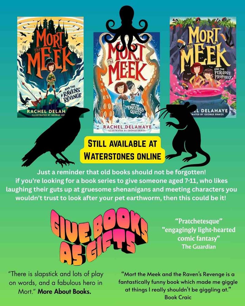 Three books covers for the Mort The Meek series on a green background with pictures of a raven, rat and octopus.