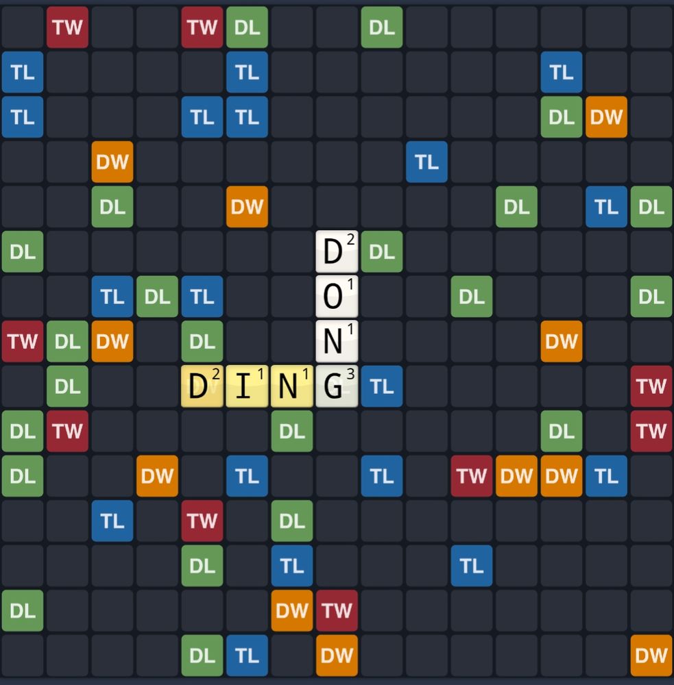 A WordFeud board - like Scrabble - where one player has put down the word Dong, and the poster has followed up with the word Ding.