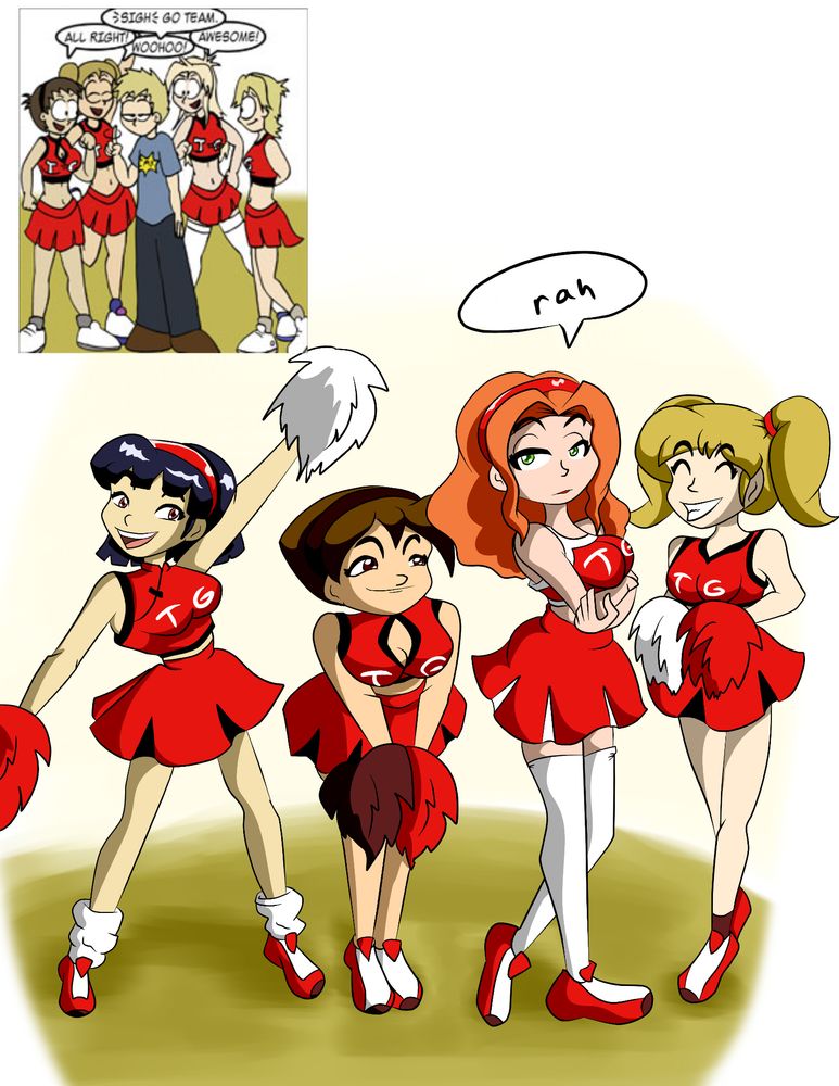 Colored version of the previous sketch. A fanart piece depicting Sonja (the female alter ego of Jason), wearing a cheerleader outfit and saying "rah" like it's a tedious chore, all while Lita (formerly male football player), Jo (also formerly football player), and Mingmei (formerly a male professor turned Asian schoolgirl stereotype with amnesia -- it's complicated) cheer her on in their own cheerleader outfits. Lita in particular looks amused. 
