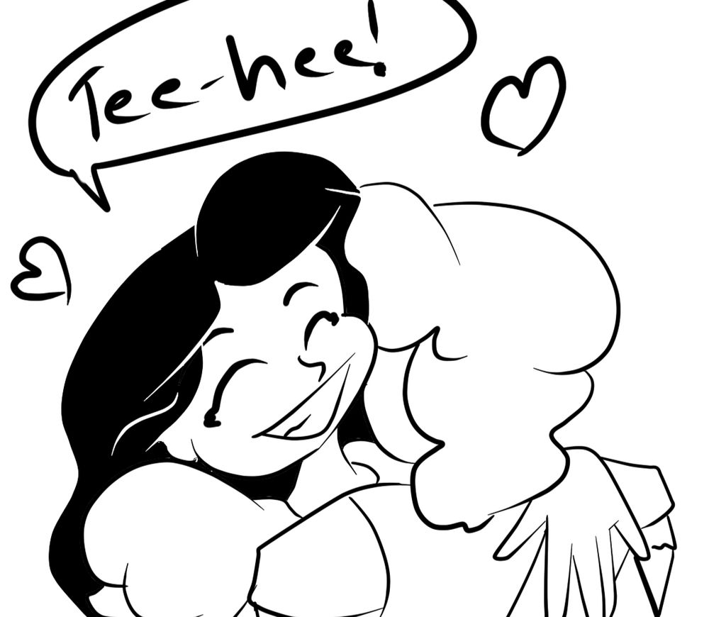 The woman simperss, "Tee-hee!" as her hubby embraces and cuddles her. 