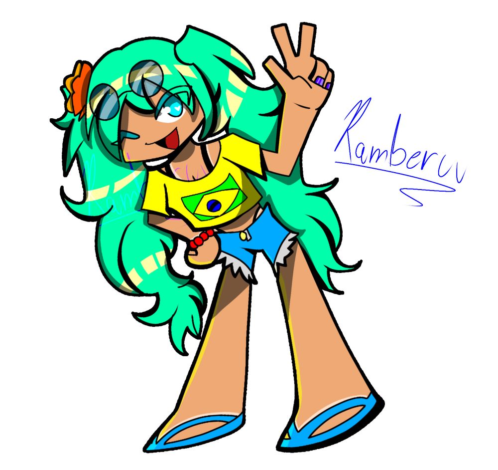 Desenho de uma garota com pele morena, cabelo verde-água longo, amarrado como marias chiquinhas, com uma flor e óculos escuros apoiados na cabeça. Ela usa uma camisa amarela com a bandeira do Brasil, e shorts jeans, usando biquini por baixo, e chinelos azuis. Ela está fazendo uma pose com o símbolo de paz.