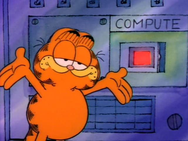 Garfield the cat is shrugging in front of a big machine and a red button labeled "compute"