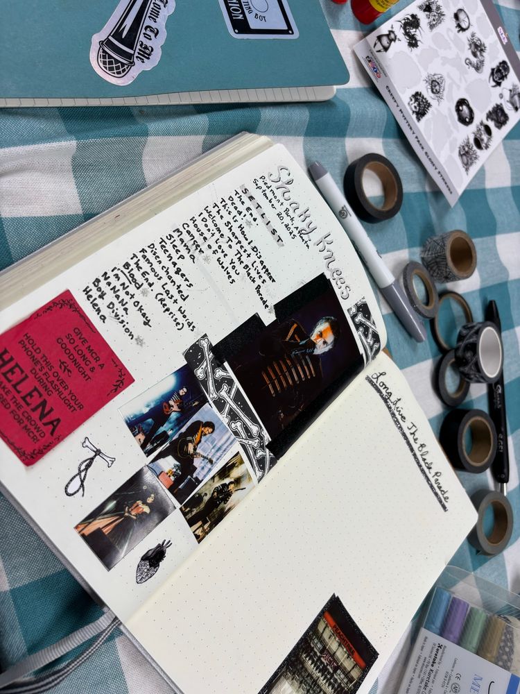 Bullet journal slash scrapbooking spread with photos from the MCR show, set list, and decorations. 