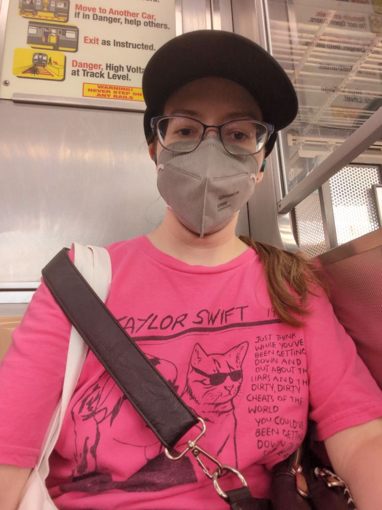D, wearing a black baseball hat, a gray respirator, and a pink t-shirt. The shirt graphic is a parody of Sonic Youth's Goo album cover, but instead of 2 teen murderers it's Taylor Swift and a cat making a getaway. The lyrics from the bridge of 