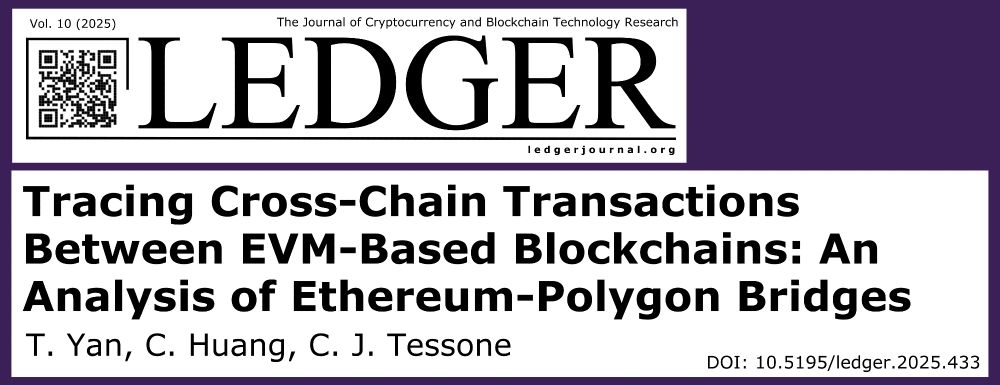 Title card for the article "Tracing Cross-Chain Transactions Between EVM-Based Blockchains: An Analysis of Ethereum-Polygon Bridges" by T. Yan, C. Huang, and C. J. Tessone, in Ledger Vol. 10 (2025)
