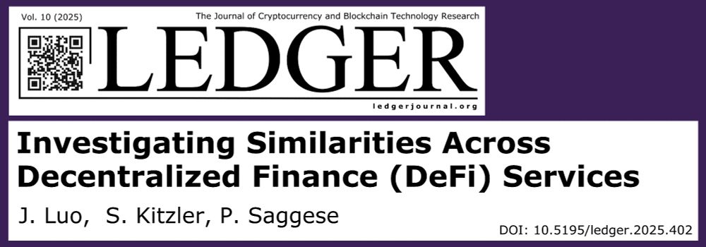 Title card for "Investigating Similarities Across Decentralized Finance (DeFi) Services" by J. Luo, S. Kitzler, and P. Saggese, showing it is published in Ledger Vol. 10 (2025)