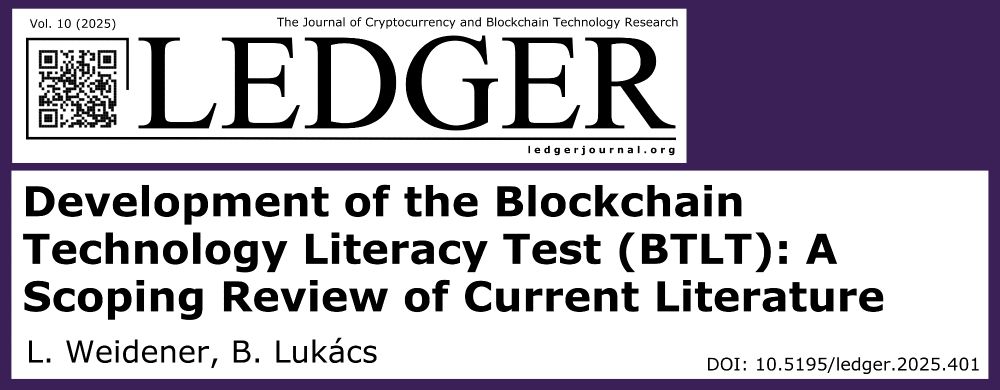 Article card for "Development of the Blockchain Literacy Test (BTLT): A Scoping Review of Current Literature" by L. Weidener and B. Lukács, in Volume 10 (2025) of the journal Ledger: The Journal of Cryptocurrency and Blockchain Technology Studies